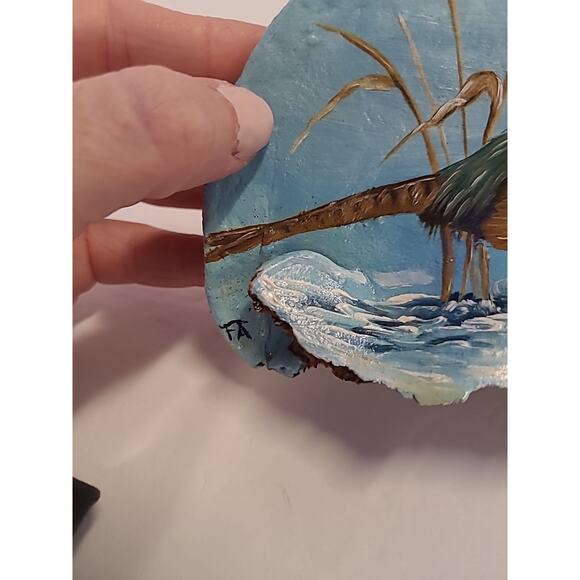 Handpainted Pheasant on Petrified Wood Art Signed FA 5" x 3" - Picture 11 of 11